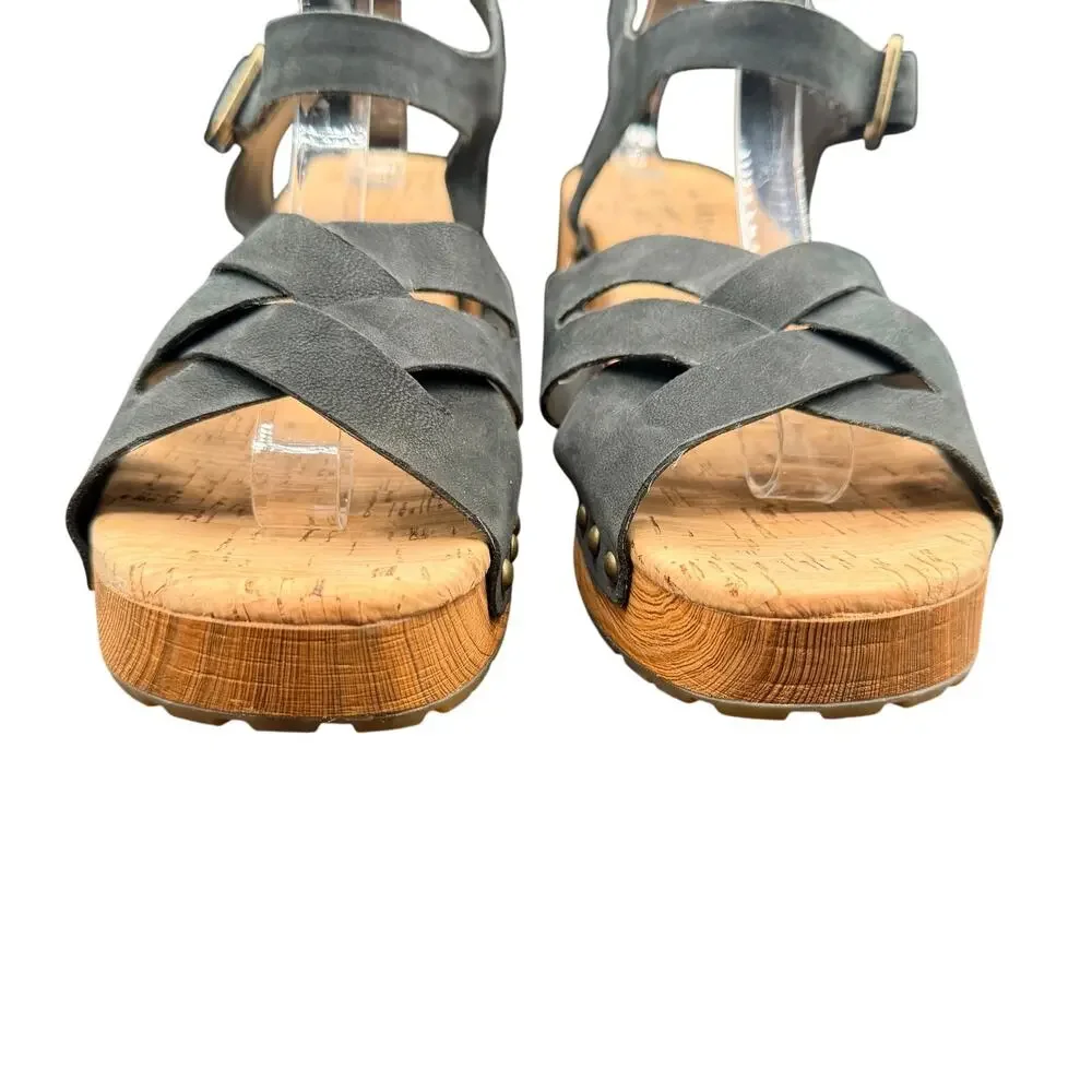 Kork-Ease Black Leather Platform Heeled Sandals Size 9M